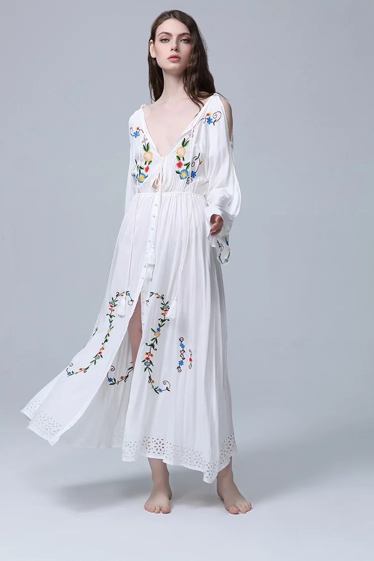 2022 Women's Floral Embroidery Loose Dress Long Sleeve Ruffles Chic Vintage Maxi Dress White Ethnic Party Elegant Dress Vest