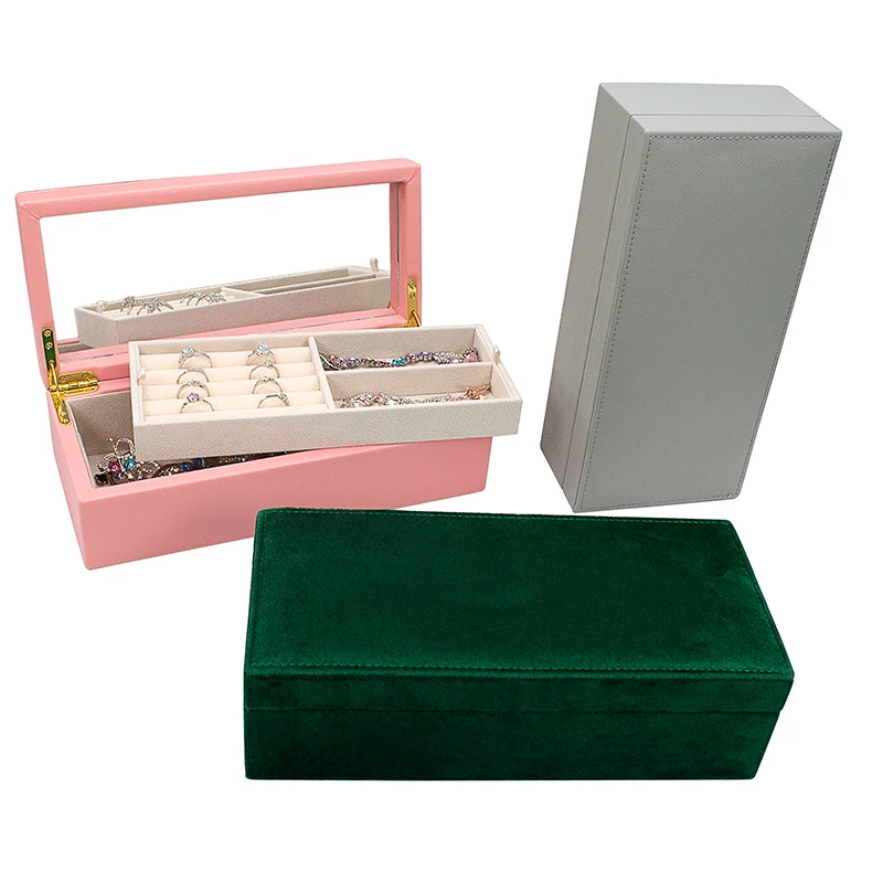  Luxury Velvet Jewellery Jewlery Storage Mirror Boxes Large High Capacity Portable Rectangle Green Bracelet Jewelry Jewely