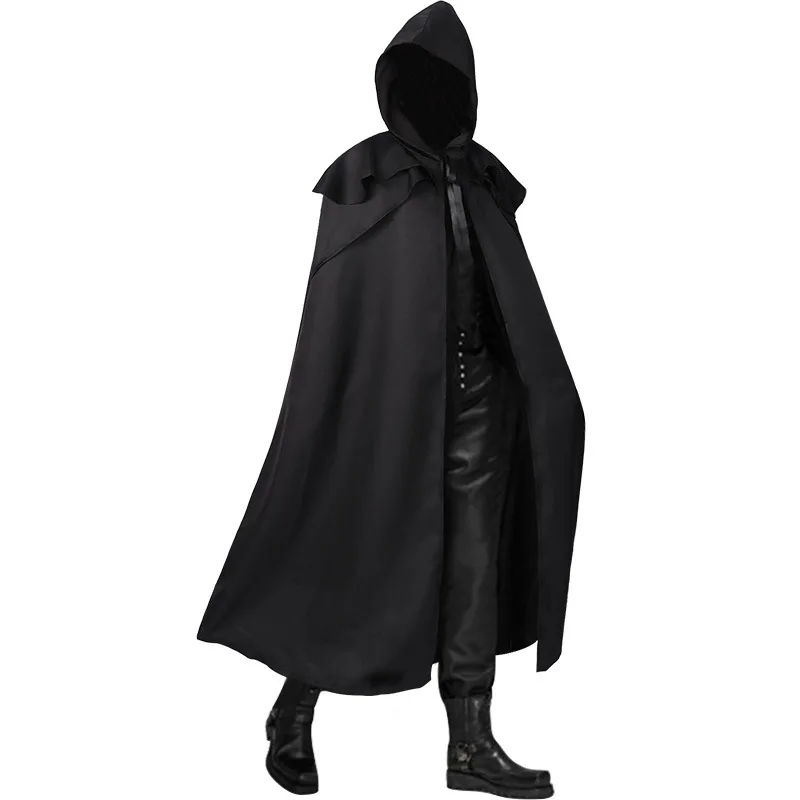 Men Cloak Hooded Medieval Monk Costume Solid Windproof Mens Trench Coat Gothic Wicca Wizard Cape Halloween Death Mantles