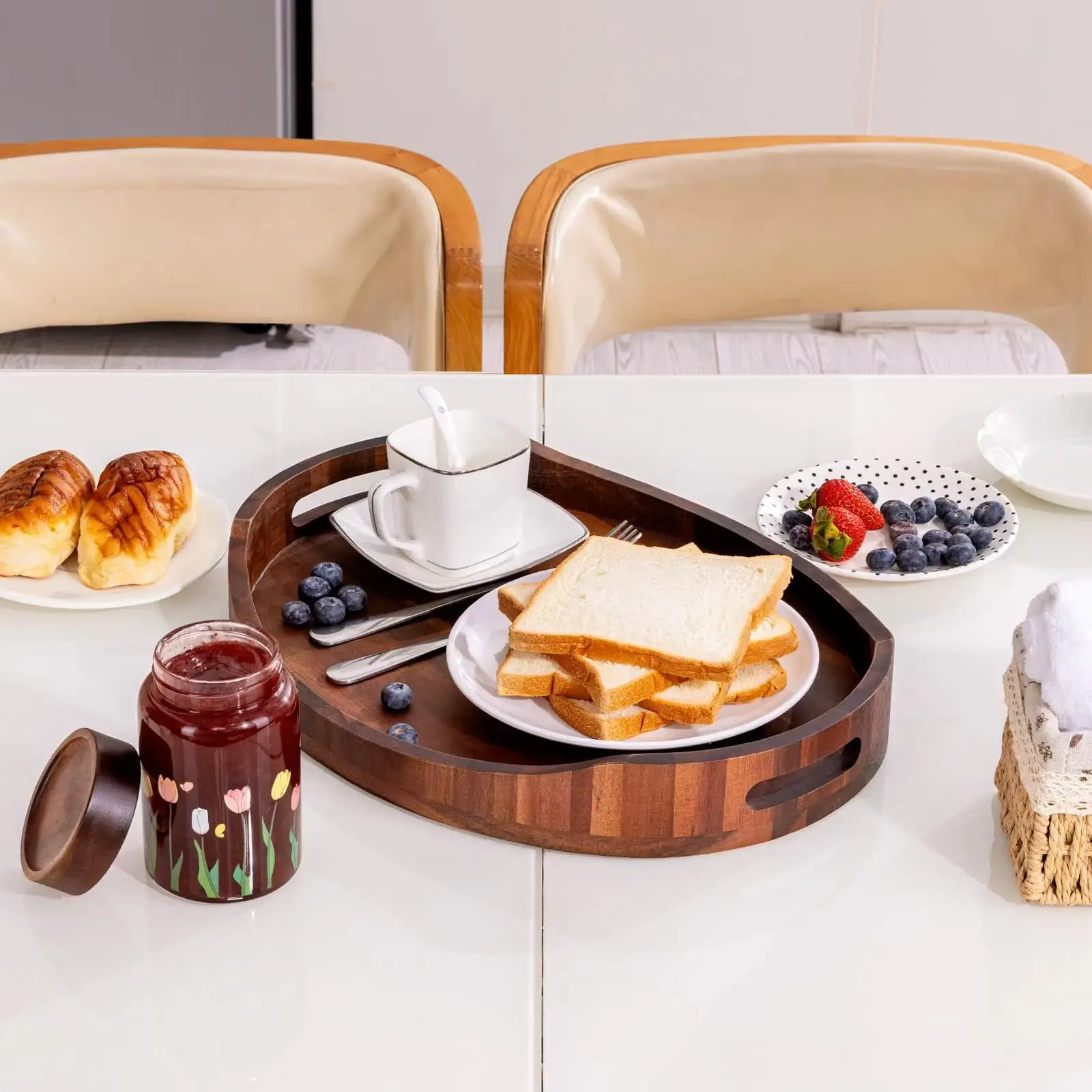 Modern Acacia Wood Serving Tray Handle Breakfast Snack Rectangular Dishes Plates Seagrass Oval Shape Bathroom Tray Banquet Tray