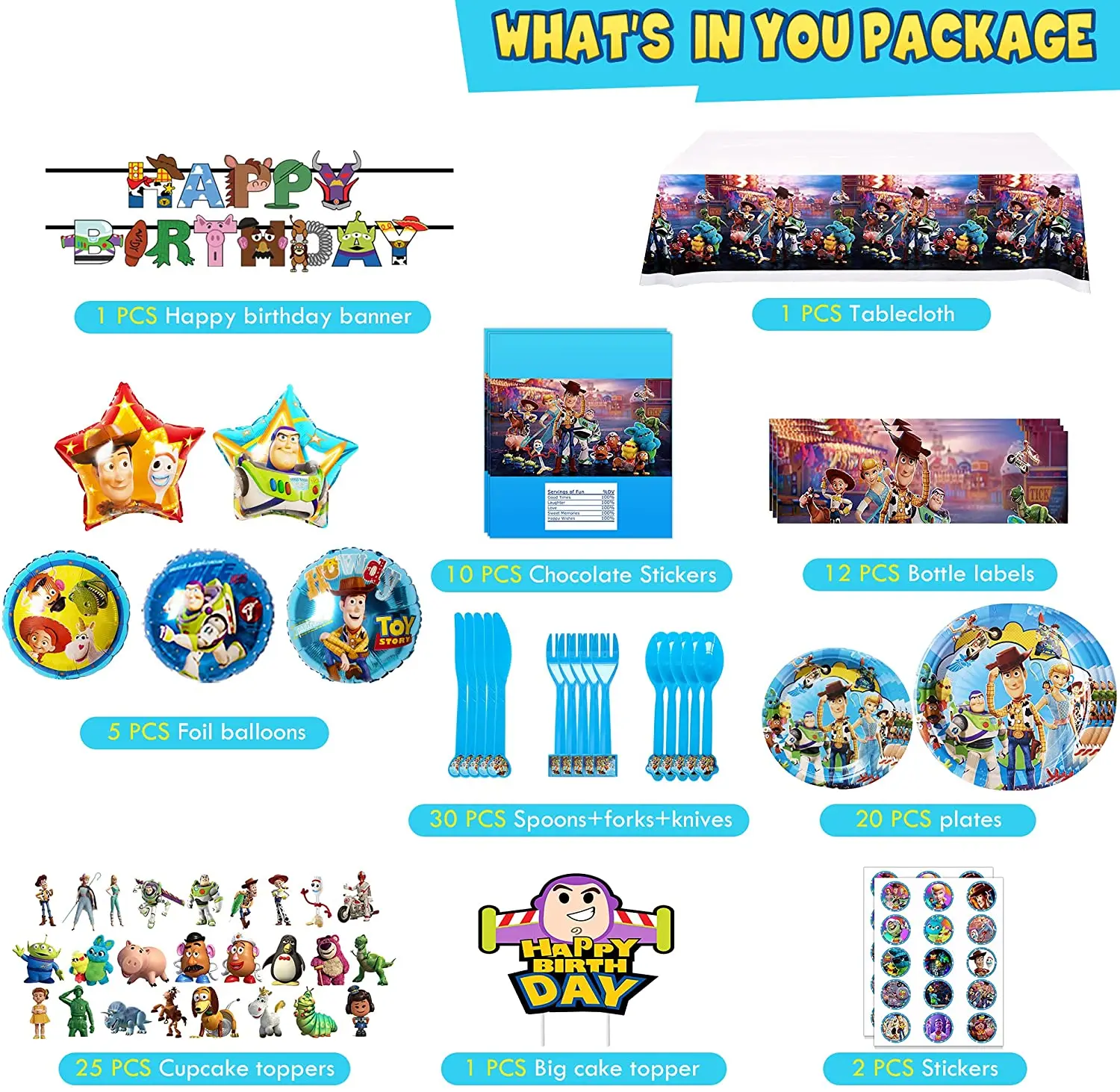 82 Pcs Party Favors Banner Cake Topper Plates Cutlery Foil Balloon for Kids Themed Party Toy Story Birthday Decorations