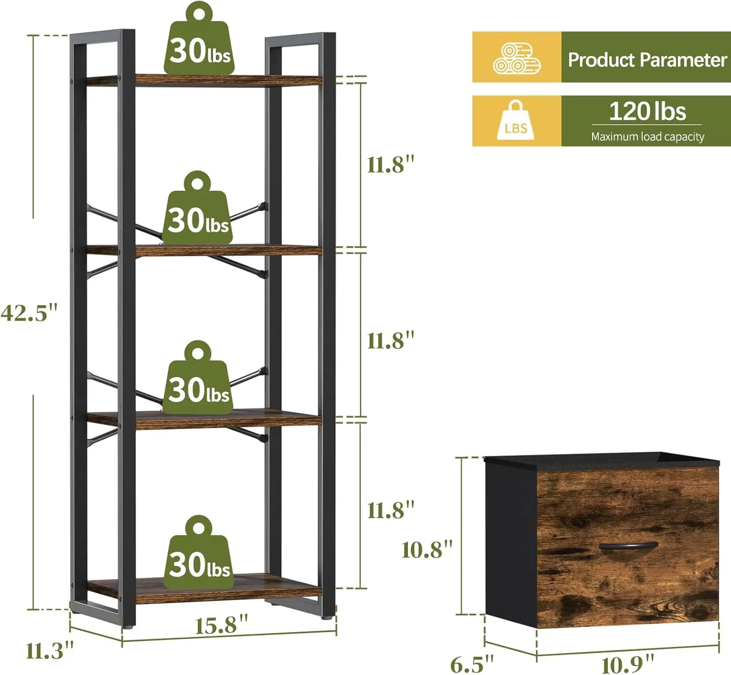 Bedroom Living Room Office Storage Organizer Drawer Small Bookcase Narrow Industrial Bookshelves Shelf 4 Tier Book Shelf