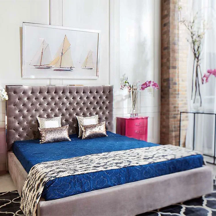 king size hot sale latest modern cheap high bed tufted strip luxury brown leather bed bedroom set