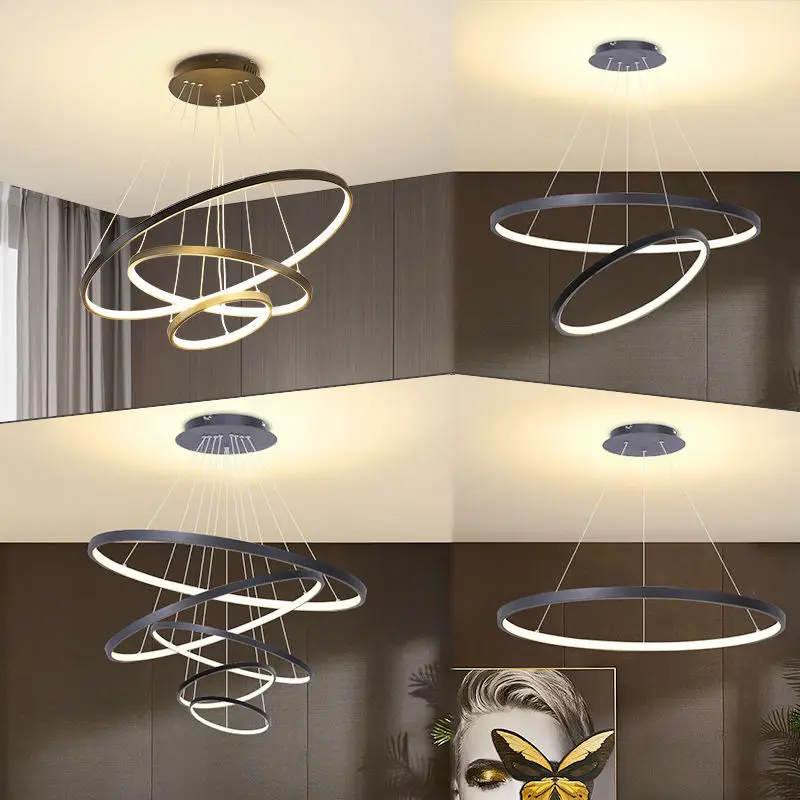 custom ring luxury large hotel living room bedroom ceiling stair K9 crystal lighting black modern nordic led chandelier