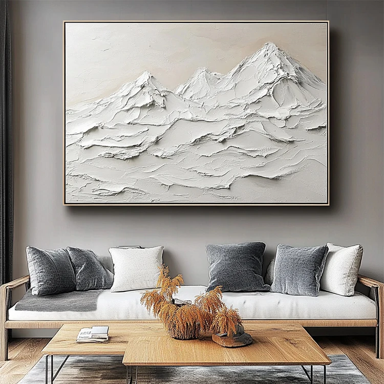 Handmade Knife Plaster Artwork Minimalist 3D White Mountain Landscape Painting Textured Wall Art
