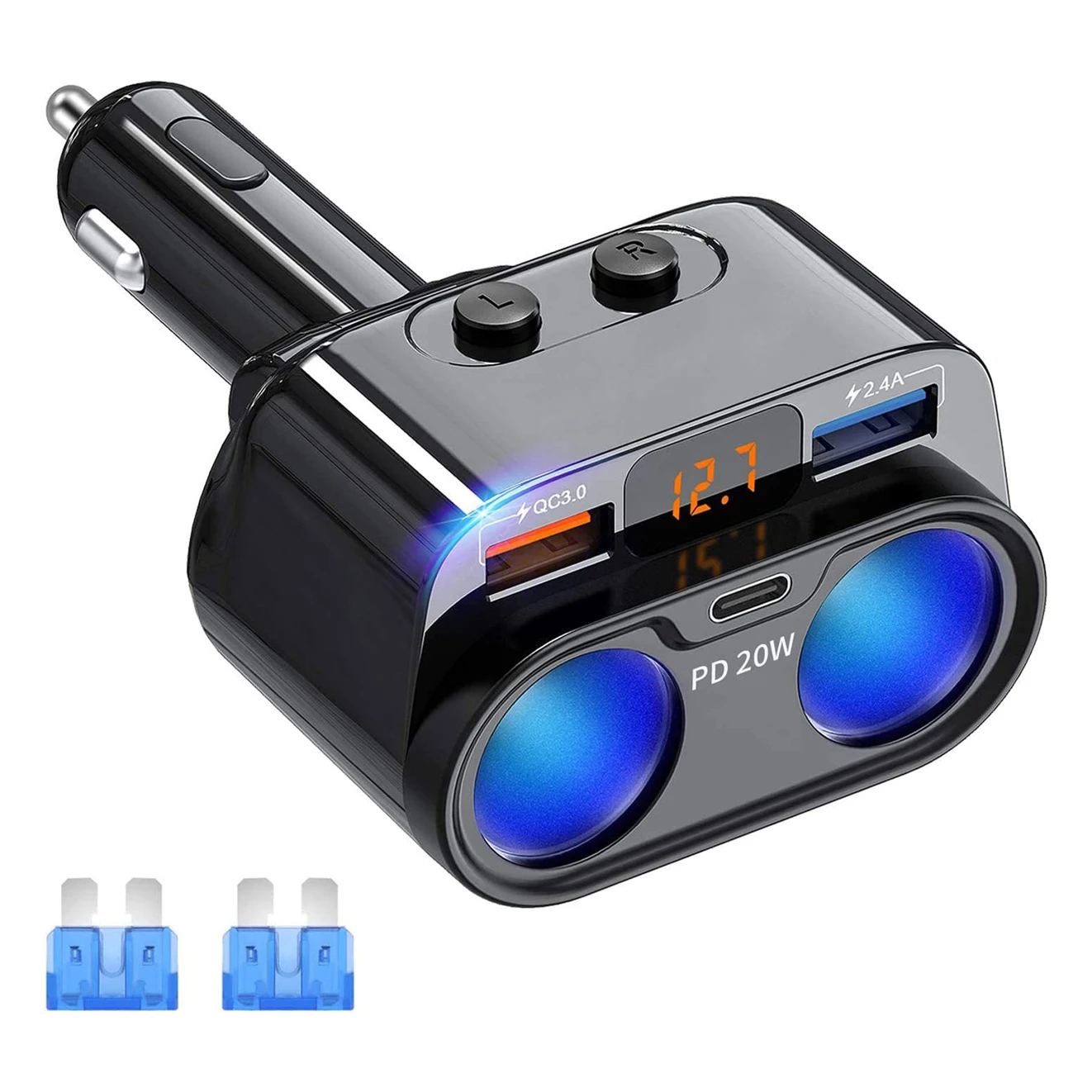 C47PQ 200W 2 Socket Cigarette Lighter Splitter Power Adapter USB C Car Charger 20W QC 3.0 Automobile Cigarette Lighter Splitter