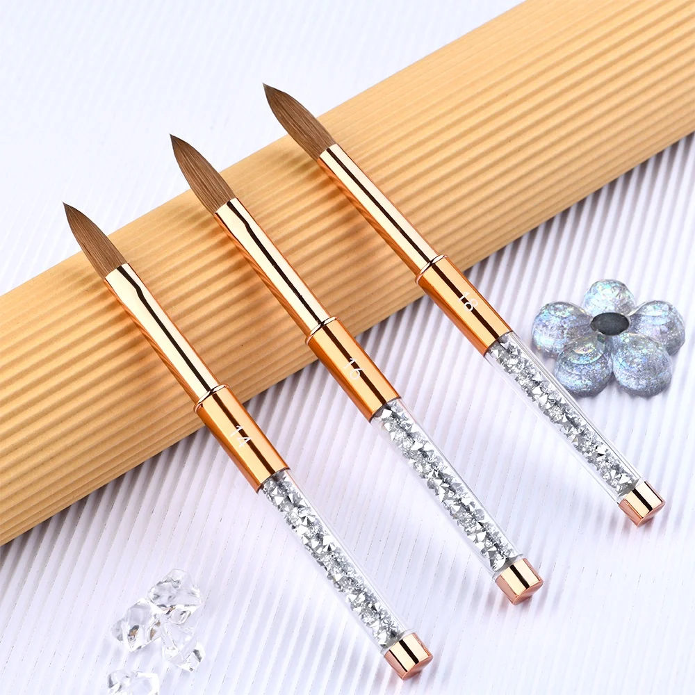 Rose Gold Diamond Handle Kolinsky Acrylic Nail Brush Crimped Size 14 16 18 Nail Powder Brush for Nail Art Manicure Brush Tool
