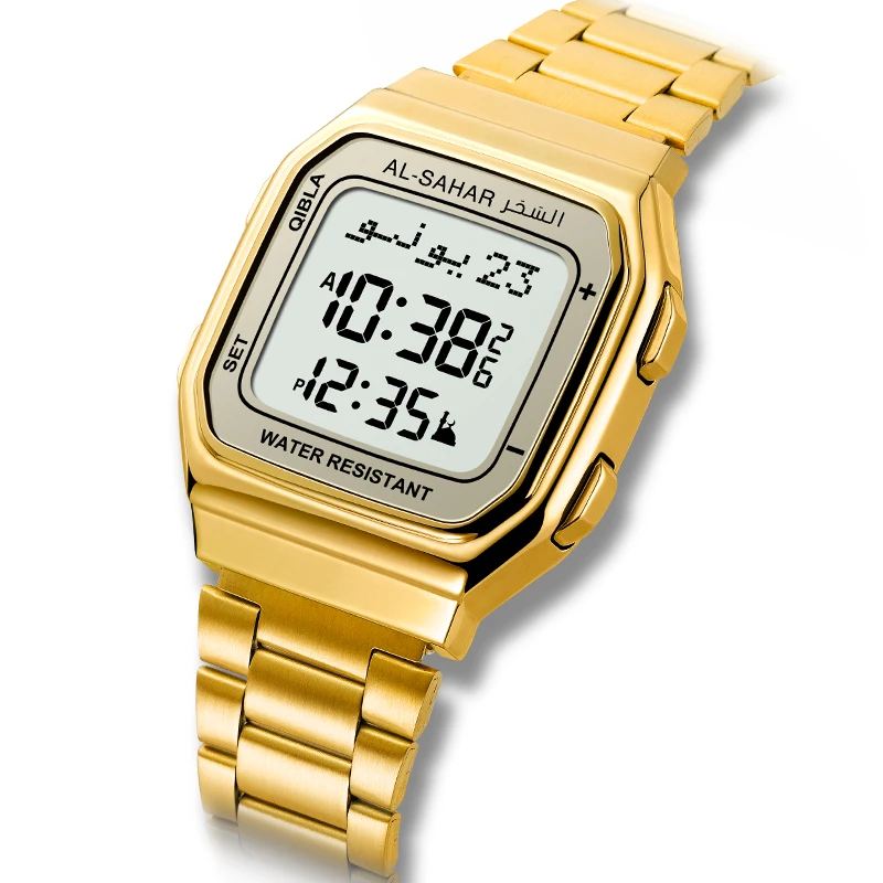 Al-sahar Classic Alloy Case Stainless Steel Strap Digital Muslim Azan Watch AS-A04 For Islamic Woman Man Prayer Azan Timepieces