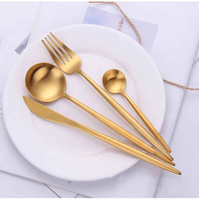 High quality stainless steel golden cutlery set luxury hotel gold spoons forks silver royal tableware black spoon and fork