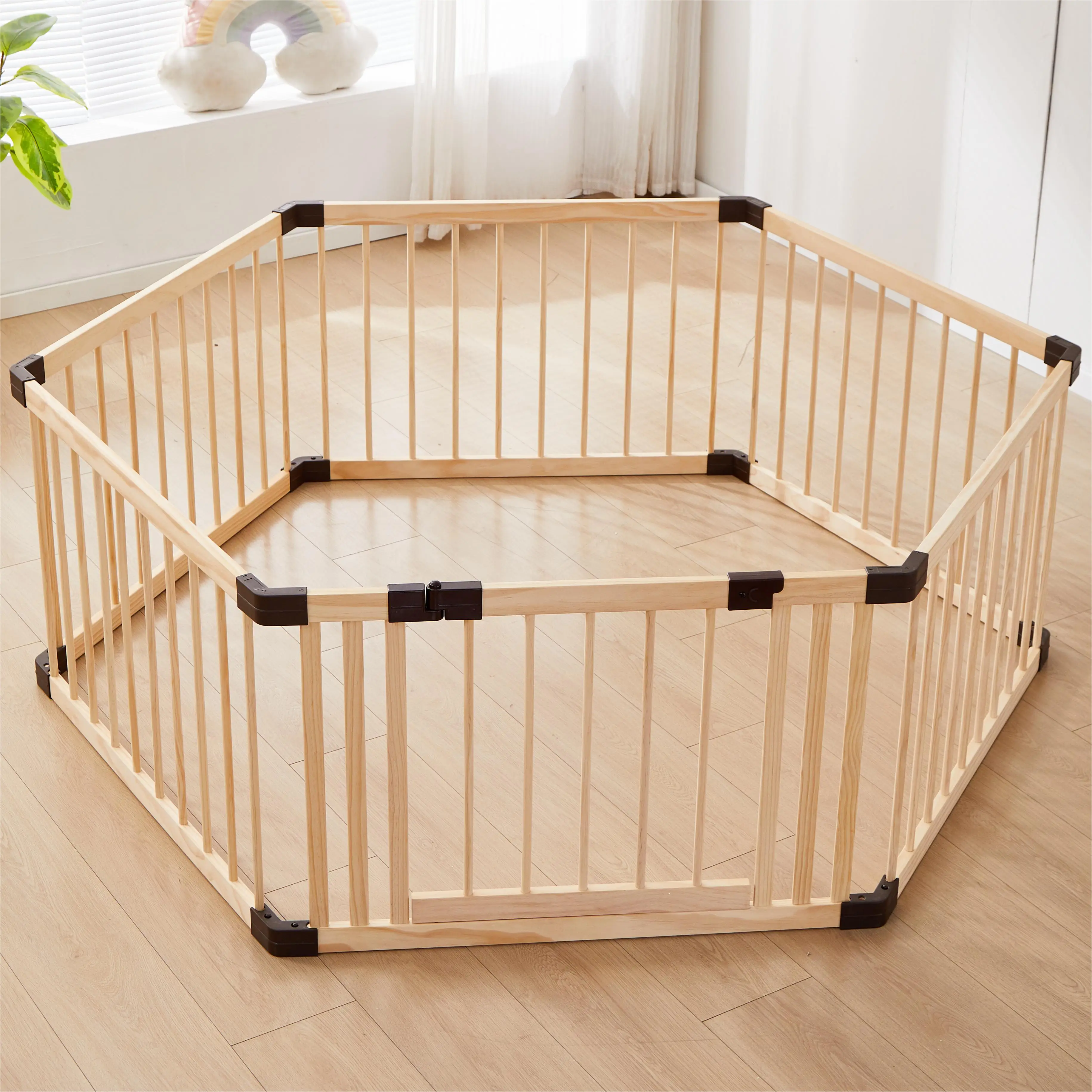 Kids Baby Toddler Playpen Indoor Portable Wooden Freestanding  Kids Baby Pet Cats Dogs Animals Toy Play Fence with Door