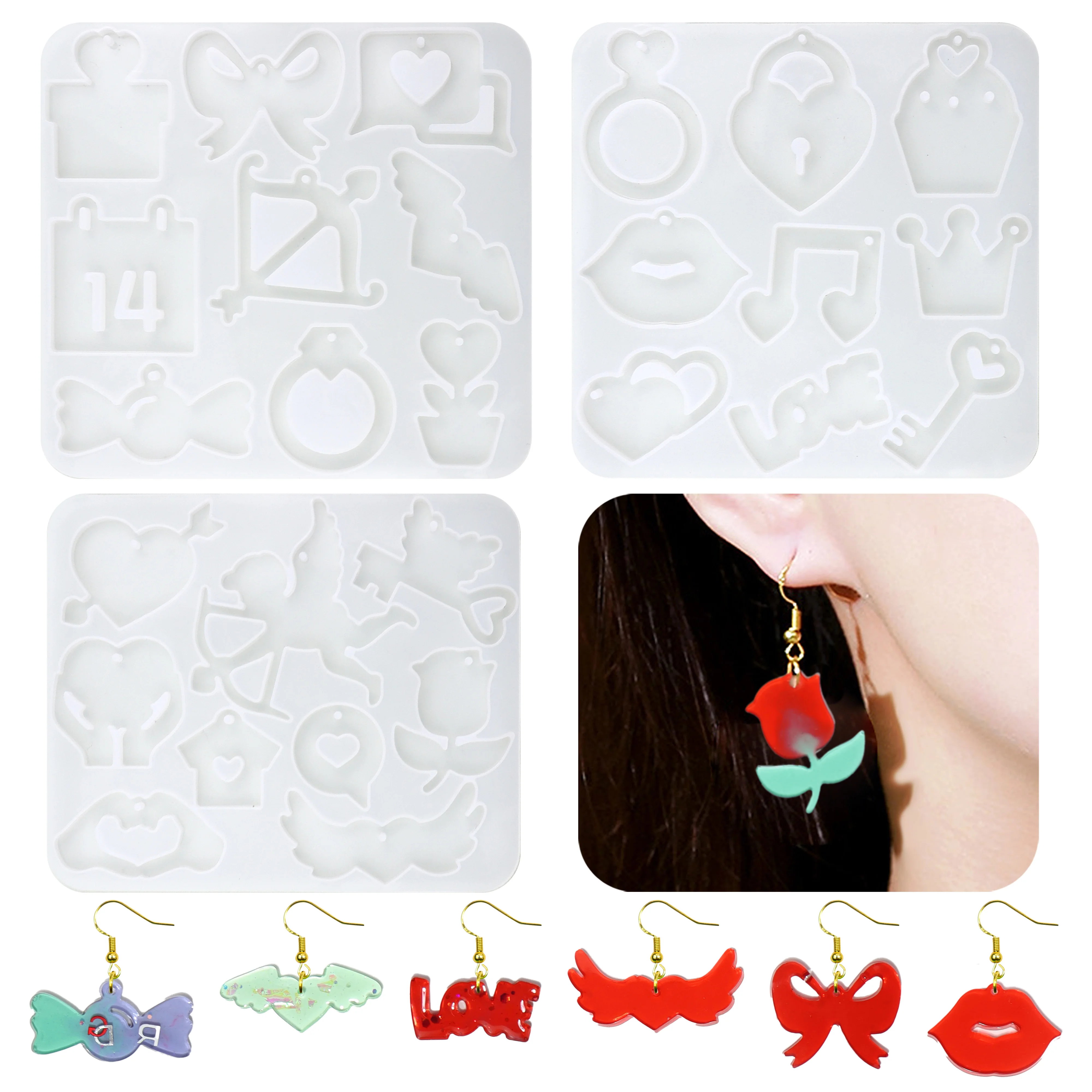 Various heart cupid pattern earring decorations Silicone mold set of three items Includes three molds