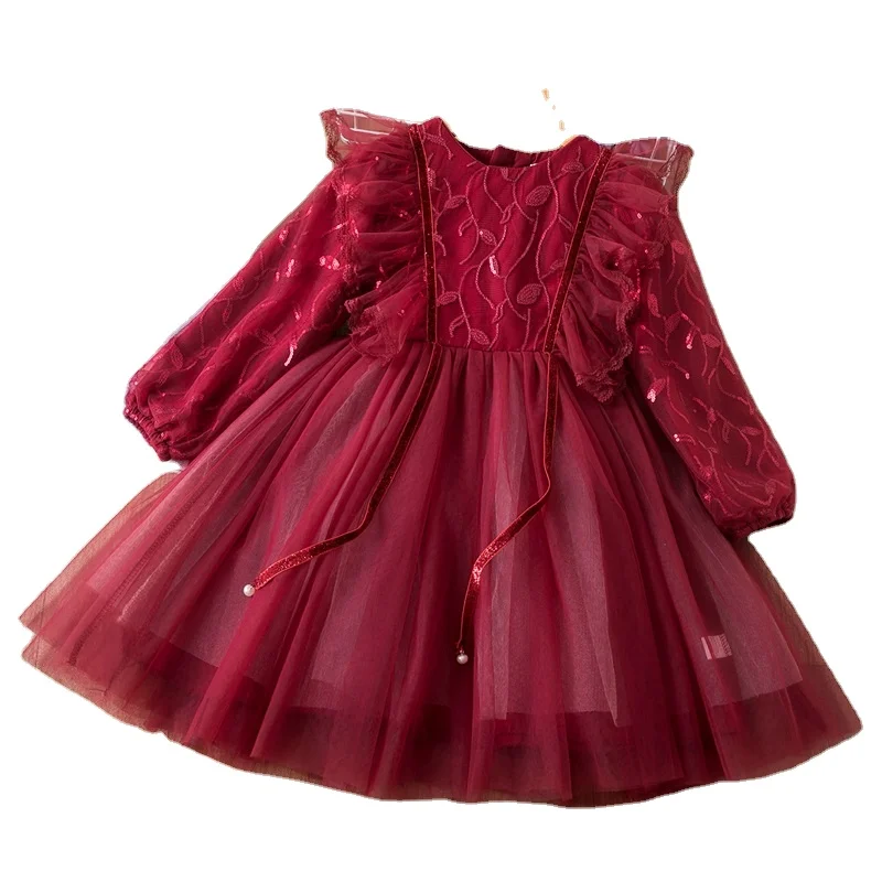 Girls Elegant Formal Ball Gown For Girls Child Party Prom Dress Tulle Tutu Princess Dress 3-8Y Spring Sequins Dress Kids Clothes