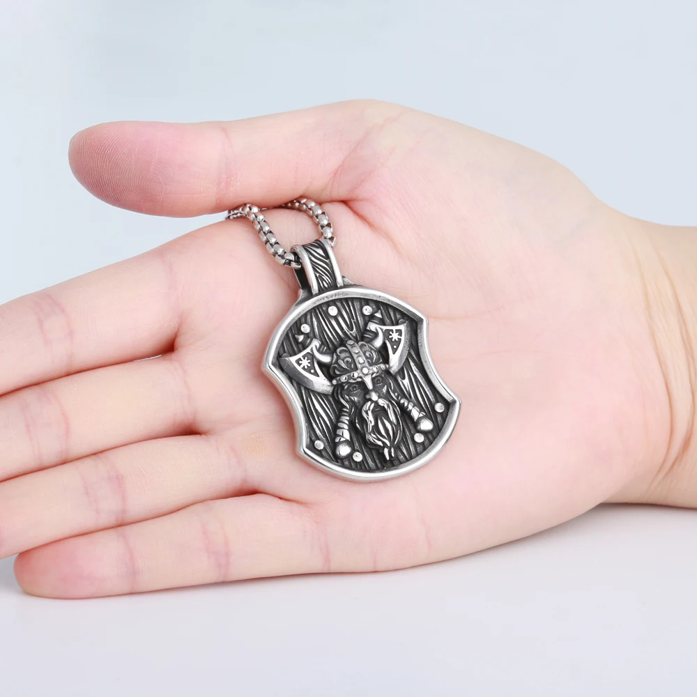Vintage Nordic Celtic Warrior Pendant Viking Stainless Steel Odin Double Axe Shield Pendant