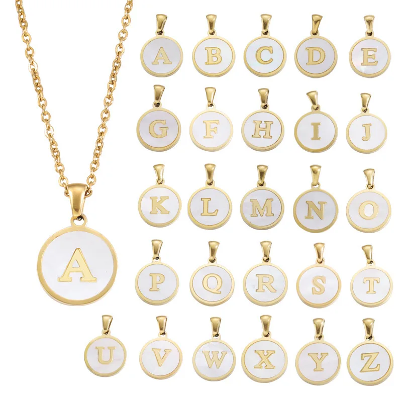 Stainless steel 18k gold plated natural mother of pearl shell coin shape A-Z alphabet letter initial pendant necklace For Women
