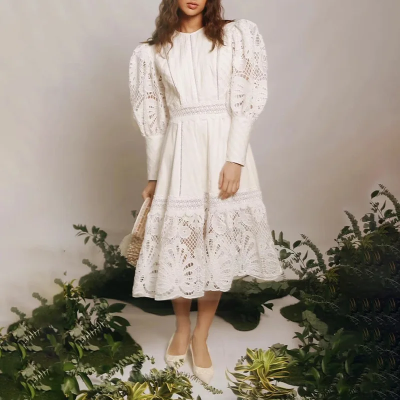 Trendy Brand Temperament Elegant Solid Color Dress 2023 Spring New Fashion Round Neck Lantern Sleeve Hollow Dress