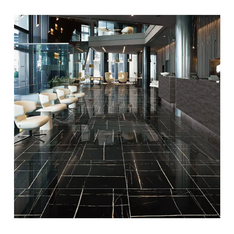 60x60 Glossy Marble Look Golden Veins Floor Polished Glazed Porcelain Carreaux Sol De Maison Black Tile For Hotel
