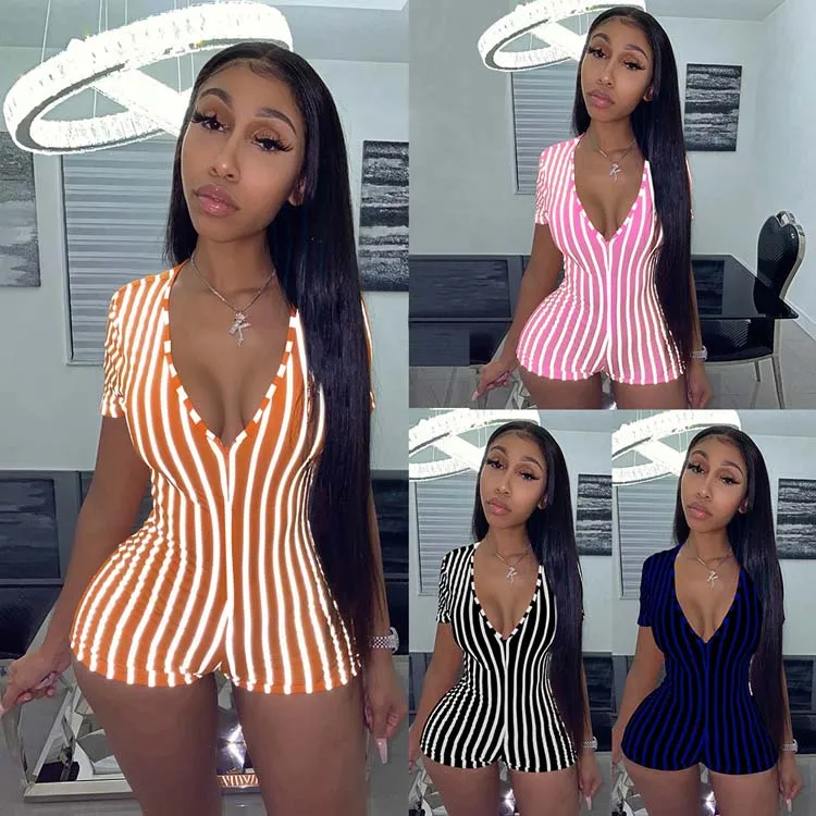 
Hot sale Knitting Short Sleeve Bodysuit Pants Women Casual Stripe Jumpsuits women adult onesie 