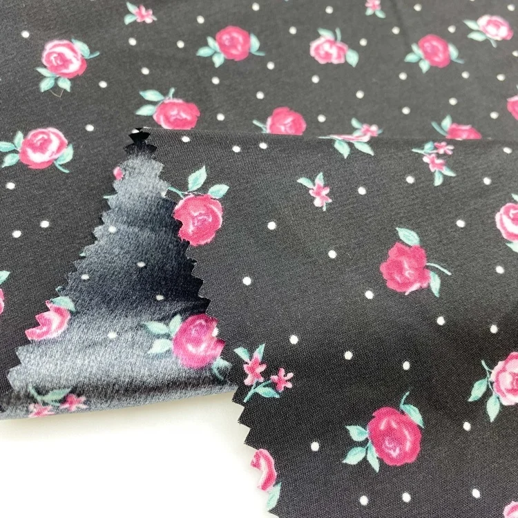 Wholesale price per meter lightweight flower design black one side satin blend 97 polyester 3 spandex fabric for apparel