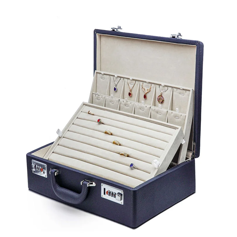 Custom Wholesale Durable Travel Coded Lock Pu Jewelry travel Case Leather Jewellery Storage Suitcase With Tray