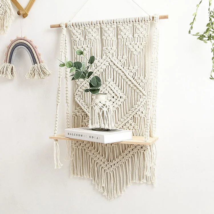 Macrame Wall Hanging Plant Decor Shelf Indoor Outdoor Floating Wood shelve Decorative Hand Made Rope Boho Shelving for Plants