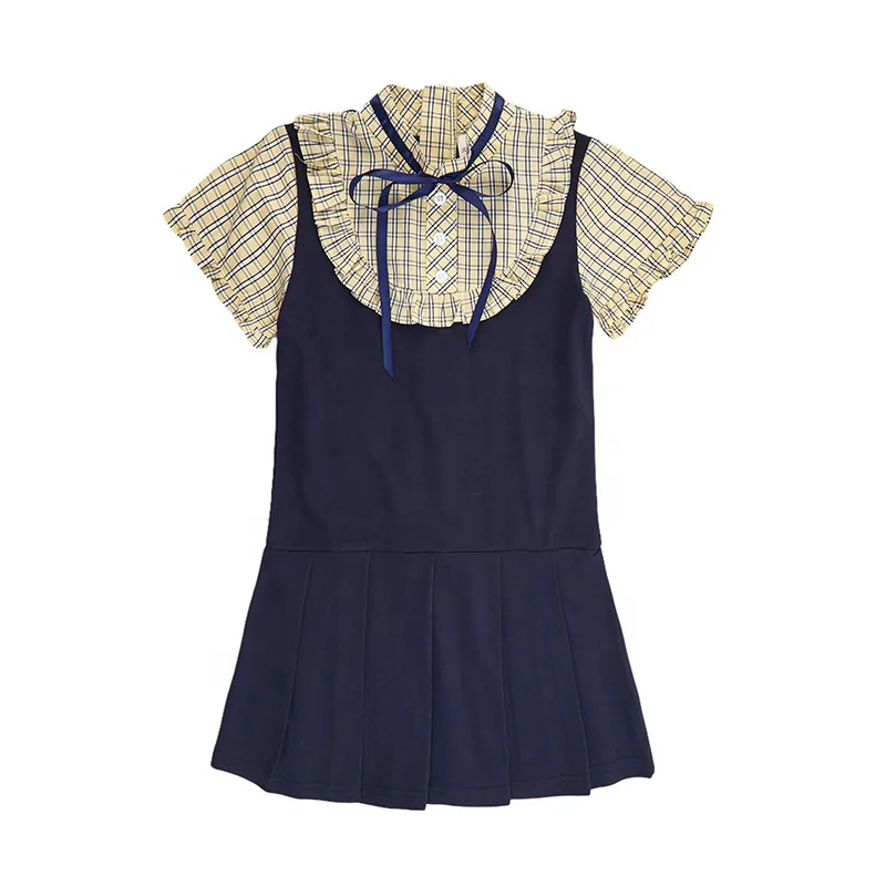 RG-School girl dress and boys plaid shirts shorts two pieces set high quality school uniform fabric