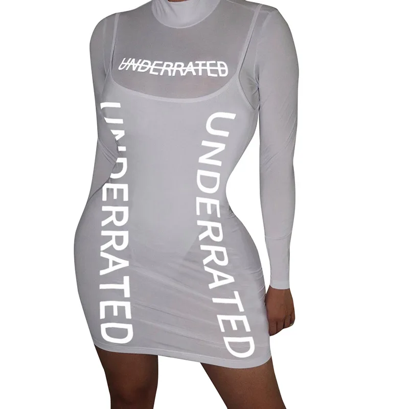 New 2024 Spring 2-Piece Set Letter Printed Sleeveless Sexy Mini Jumpsuit Solid Bodycon See Through Casual Clothes For Women