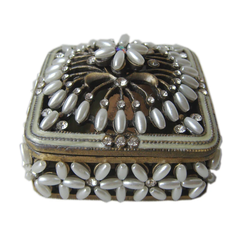 Square Bronze White Pearls Beaded Zinc Alloy Metal Jewelry Trinket Box(#P05409a2)