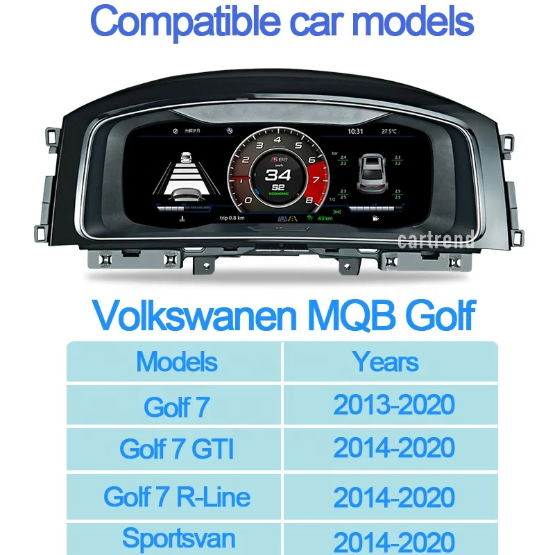 Car VW 12.5-inch Digital Cockpit Display Dashboard Panel Screen CarPlay Meter LCD Instrument Speed Gauge for Golf 7