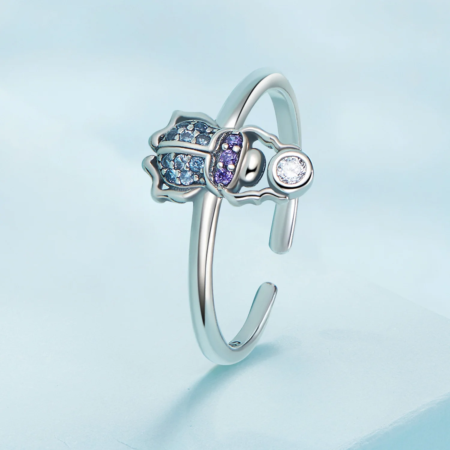 925 Sterling Silver Scarab Opening Ring Insect Adjustable Finger Ring for Women Pave Setting CZ Fine Jewelry SCR903