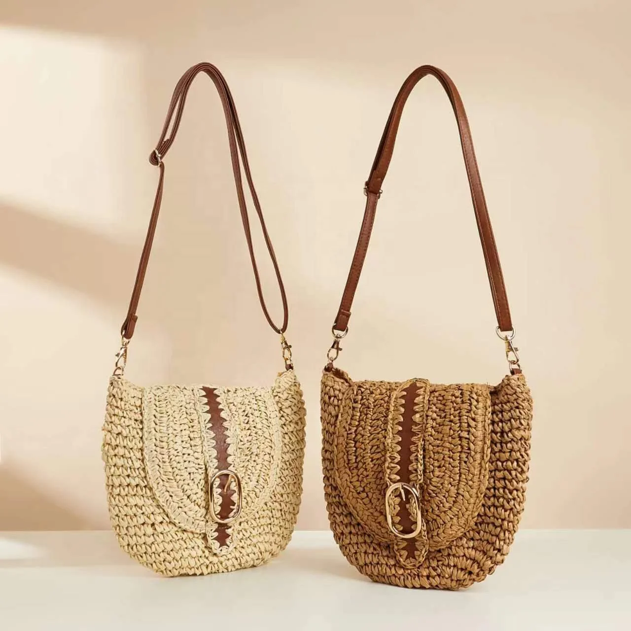 ladies hand crochet straw shoulder bag handbag with adjust long leather strap buckle