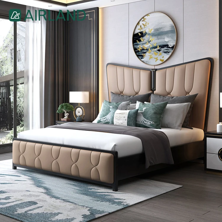 Simple bed frame comfortable modern bedroom furniture soft genuine leather double bed