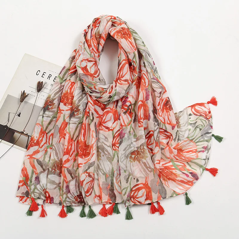 2024 New Elegant Tulip Flower Printed Cotton Voile Scarves With Tassel Women Floral Print Cotton Head Wraps Beach Shawls Hijabs