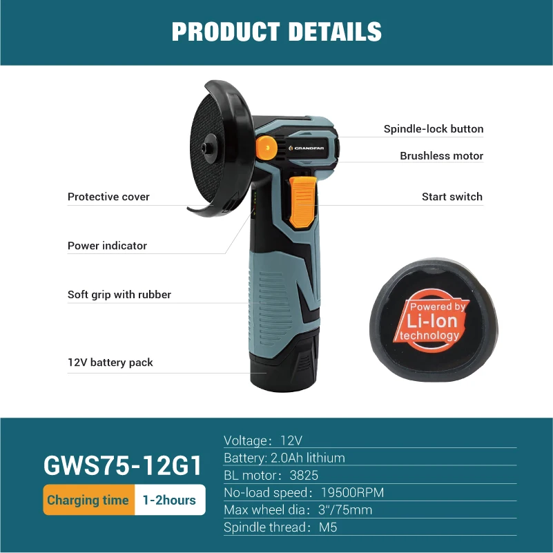 GRANDFAR Electric cordless angle grinder 12V 19500RPM 3inch 75mm High performance brushless battery powered angle grinder