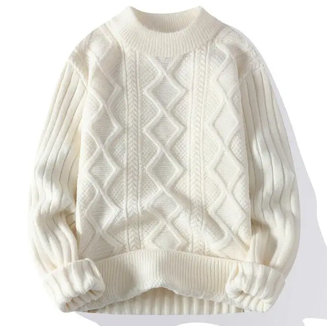 Factory Sale Round Neck Knit Ribbed Jumper Solid Color Thick Cable Cotton Knitted Sweaters For Men