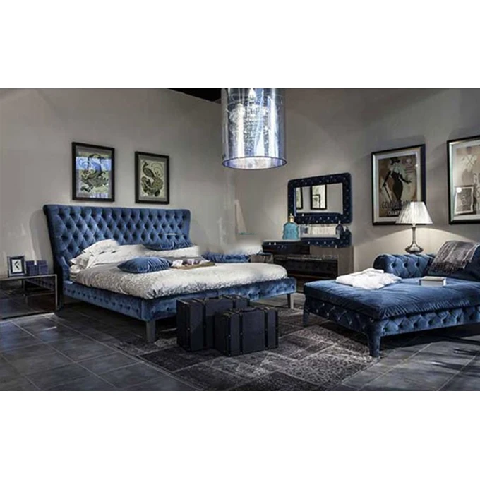 Новая высококачественная мебель для спальни в винтажном французском стиле морская синяя кровать