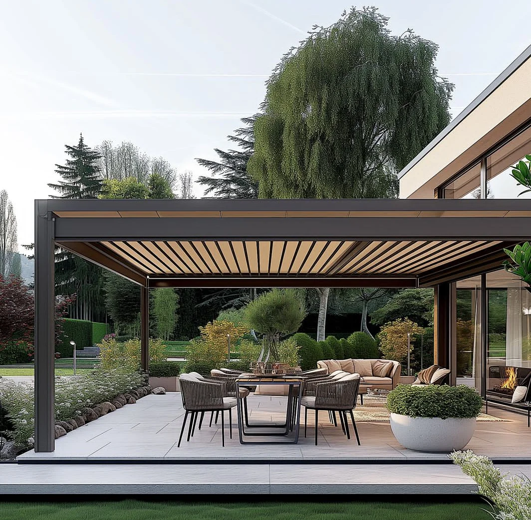 Scienlan ECO FRIENDLY outdoor terrace cedar-framed wooden pavilion with black dual steel roof for garden and backyard shading