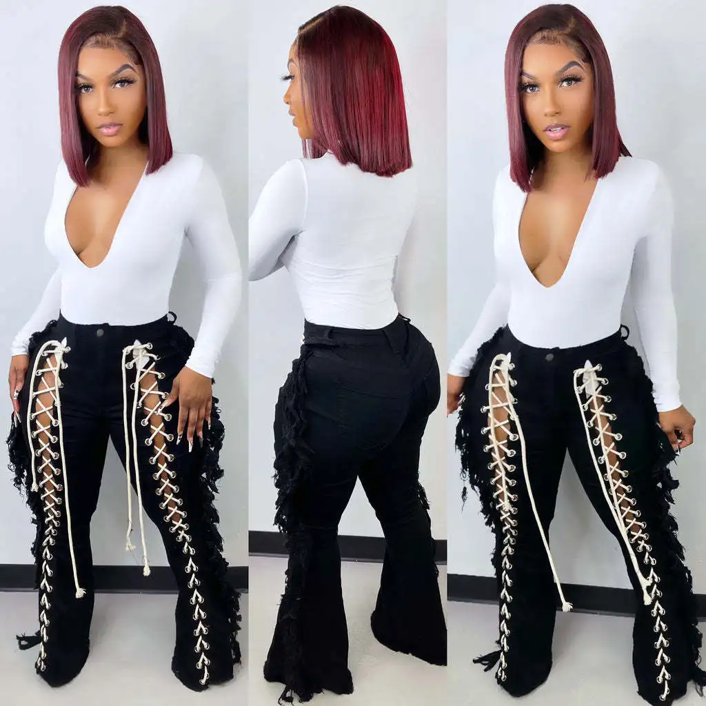2022 Summer Denim Pant Sexy Hollow Out Clothing Plus Size Women Trouser Fashion Bandage Fringe Pant Lady Outdoor Cargo Jeans