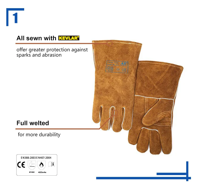 
AP-0606 CE approved split cowhide leather heavy duty durable brown gloves for Mig welding 