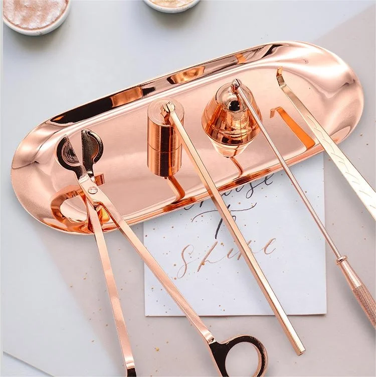 Hot Sell 5 in 1Rose Gold Candle Accessory Set with Storage Tray Plate Wick Trimmer Wick Snuffer Wick Dipper Gift Package