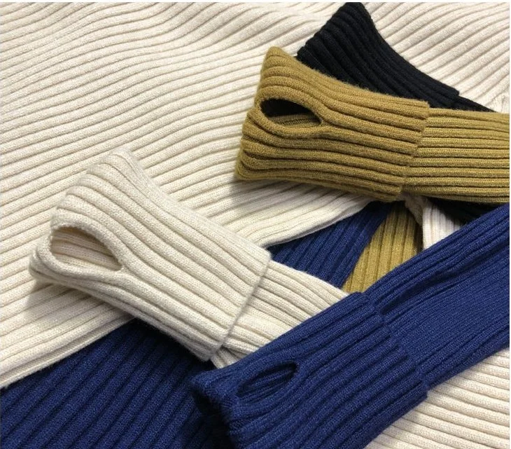 Women Sweater Winter Slim Fit Pullover Warm Jumper Thumb Hole Korean Style Turtleneck Solid Color Knitted Sweater