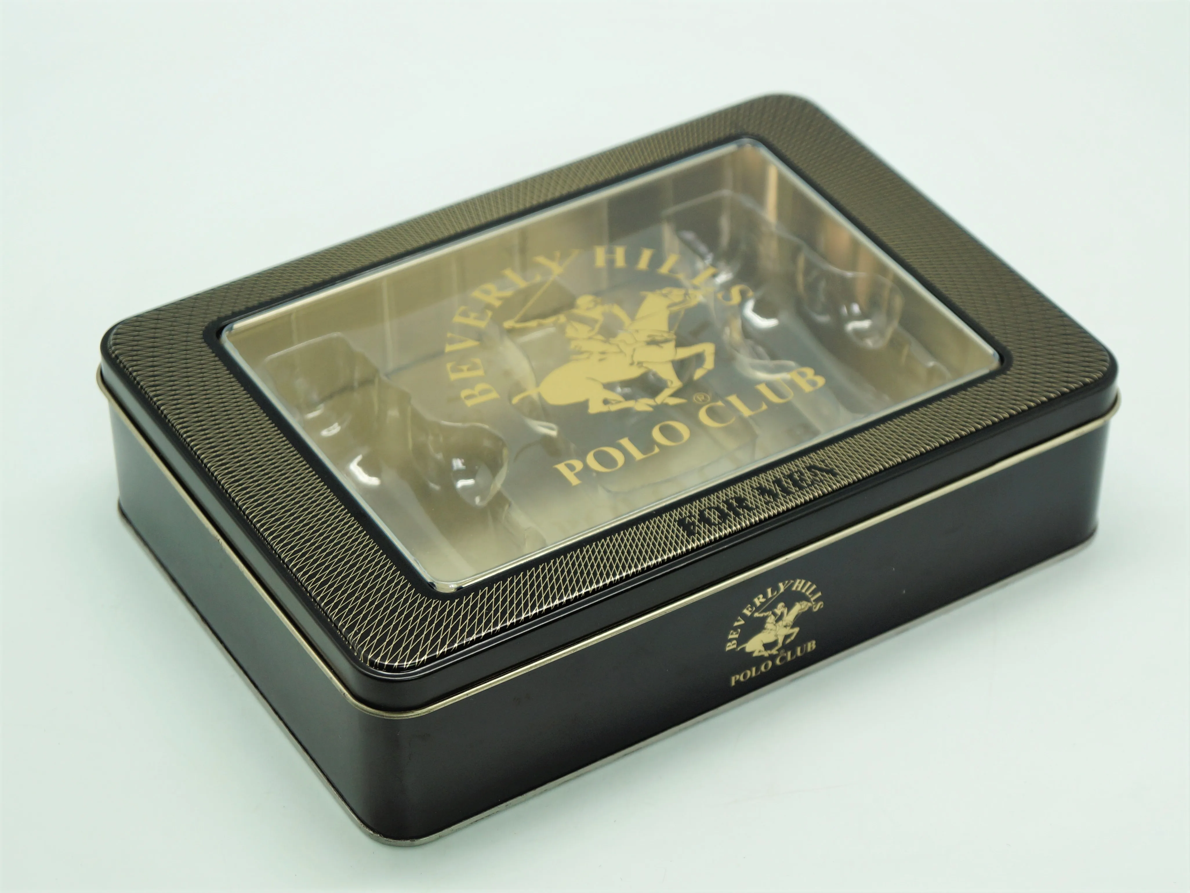 Customized black rectangle metal tin box with transparent window