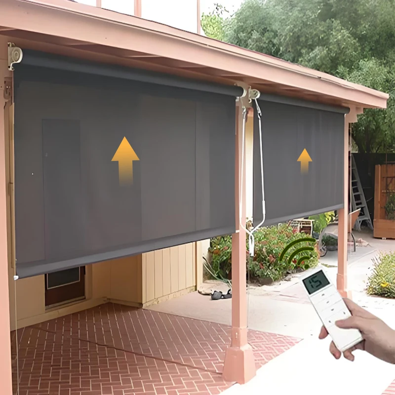 Smart Automatic pvc Outdoor roller blind electric wind proof waterproof steel wire zip track Motorized outdoor blind