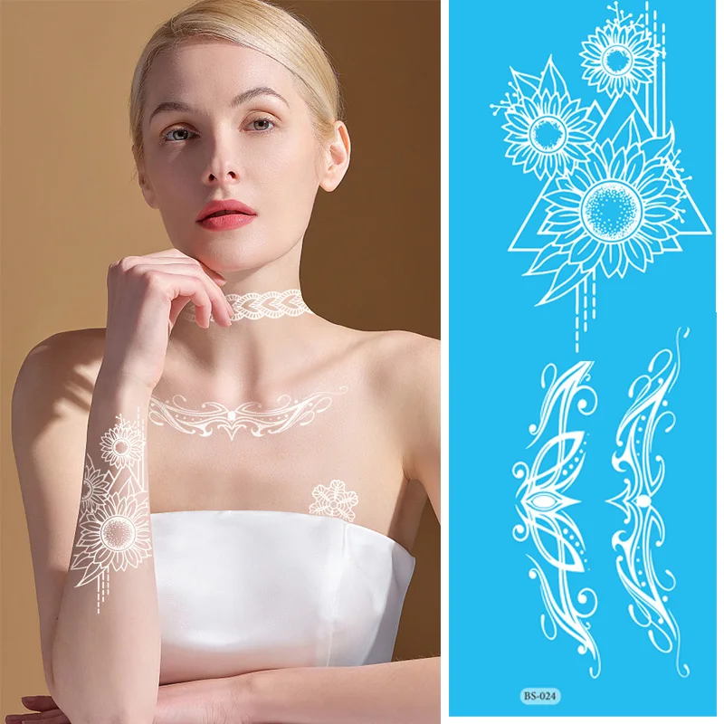 White henna Temporary Tattoos for  Bride Wedding Cool Tattoo Designs Jewelry TattoosWomen Teens Girls White Lace Fake Stickers