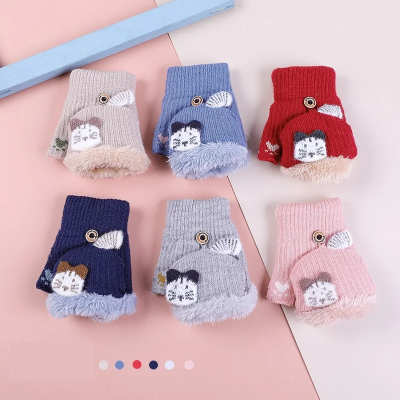 Woolen Knit Half Finger Flip Gloves Cute Deer Pattern Mittens Children Warm Gloves