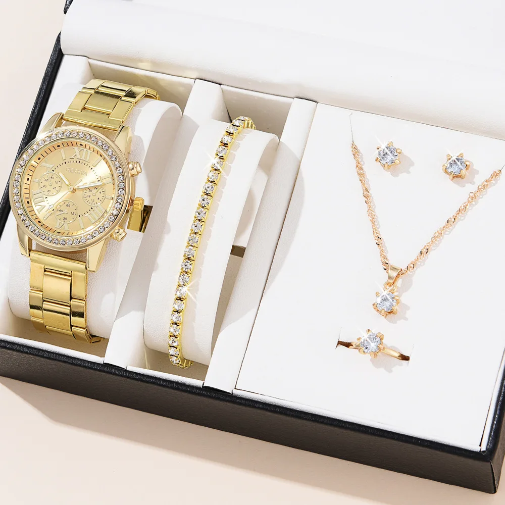 5PCS Set Luxury Watch Women Ring Necklace Earring Rhinestone Wristwatch Casual Ladies Watches Bracelet Set Without Box