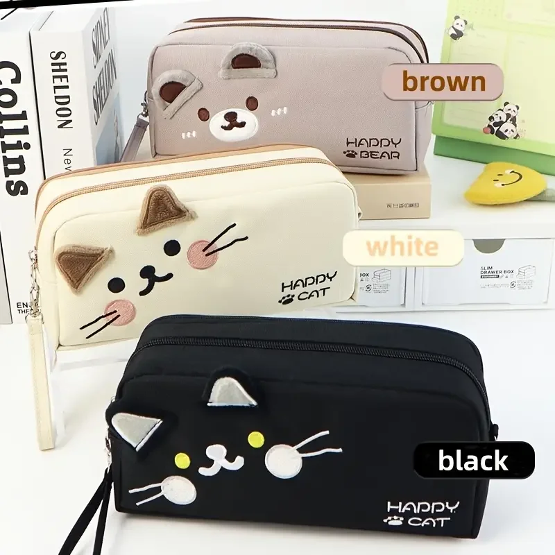 Large Capacity Black and White Cat Pencil Case with Zipper, Multi-Function Organizer for Boys and Girls, Cute Stationery Bag
