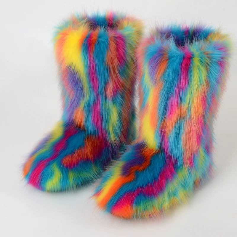 Factory High Quality Women Warm Snow Boots Colorful Fox Fur Boots