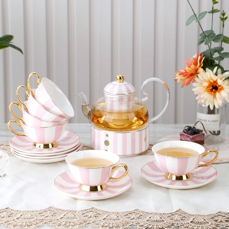 Modern Luxury Coffee Cup Pink Stripe Ceramic Tea Cup And Saucer