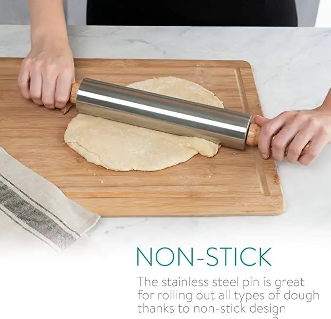 Stainless Steel Rolling Pin Non Stick Metal Roller with Wood Handles for Baking Cooking Cookies Biscuits Pizzas