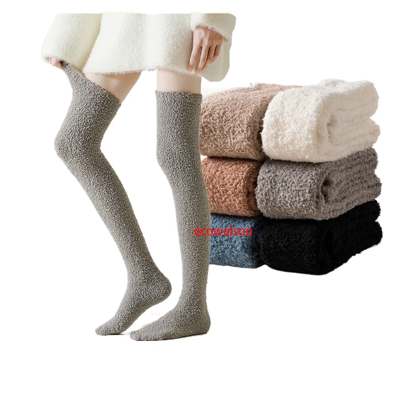 Winter Warm Coral Fleece Over-knee High Socks for Women Plush Home Sleep Floor Long Socking Jk Solid Soft Thigh High Fun Sock